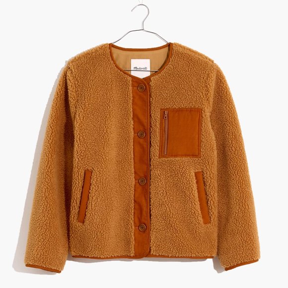 Madewell Women's Cozy Teddy Sherpa Chestnut Jacket with Corduroy Trim XS - Picture 1 of 13